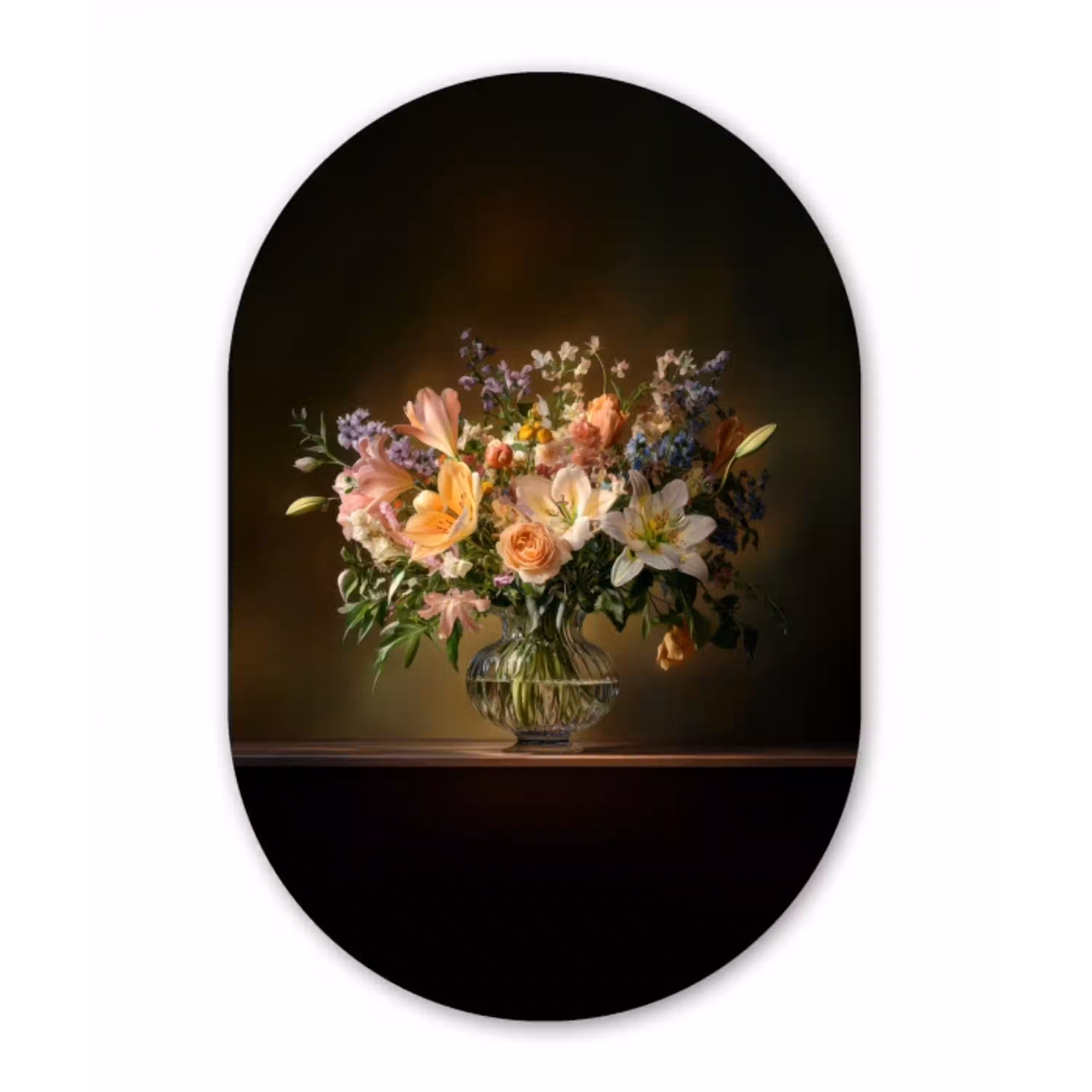 Glazen - Bloemen - Boeket - Kleuren Wandcirkel Ovaal Aluminium middel -3d