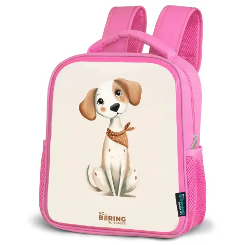 Bruin gevlekte pup op een beige achtergrond Kinderrugzak - Roze middel -schuin