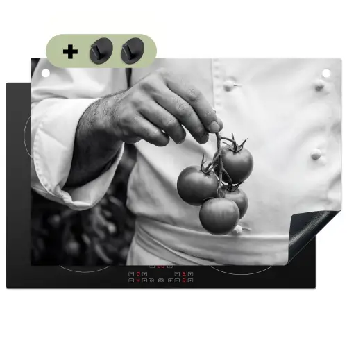 Tomaten - Chef - Zwart - Wit Inductie beschemer met haakjes klein -3d