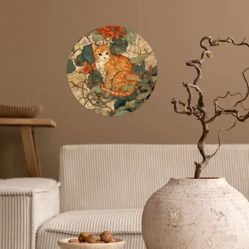 Kat - Sierlijk - Bloemen Wandcirkel behangsticker klein -sfeer1