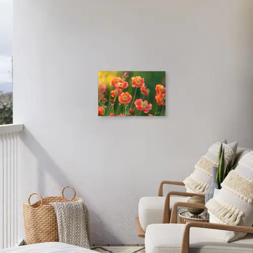Bloemenveld - Zonnestralen - Oranje Tuinposter op houten frame 2 cm dik klein -sfeer1