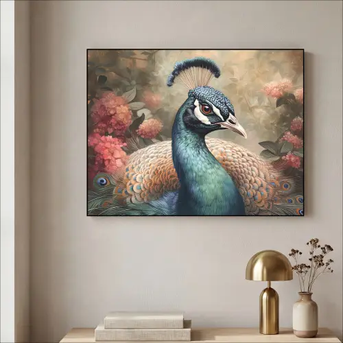 Pauw - Vogel - Bloemen - Planten - Pauwenveren Textielframe - compleet frame klein -sfeer2