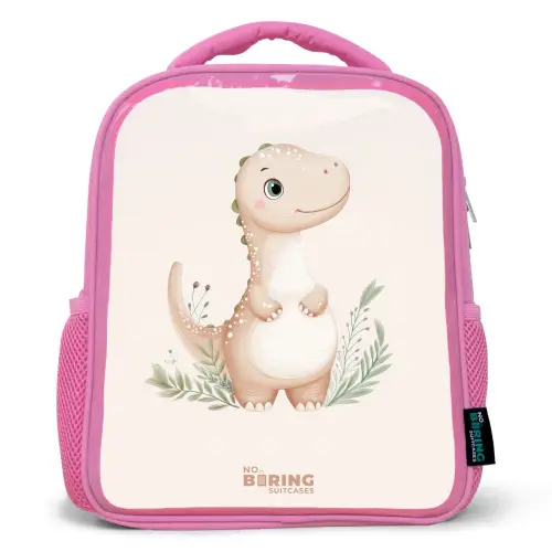 Beige dinosaurus met groene blaadjes Kinderrugzak - Roze middel -3d