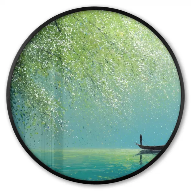 Ronde fotolijst - Bootje - Water - Bladeren - Bloesems