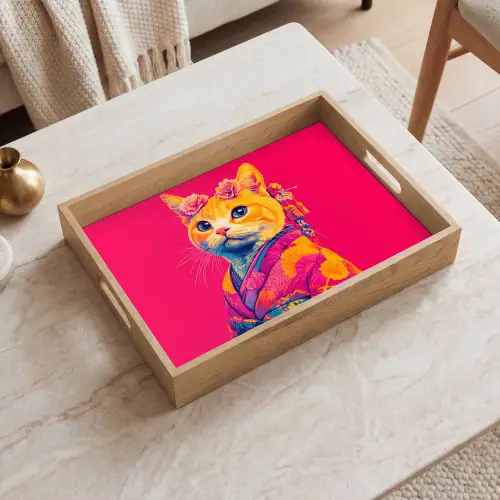 Kat - Kimono - Bloemen - Roze Dienblad Rechthoek middel -sfeer1