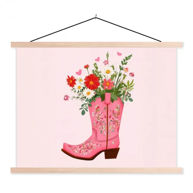 Cowboylaarzen - Roze - Boeket - Bloemen textielposter latten blank klein -3d