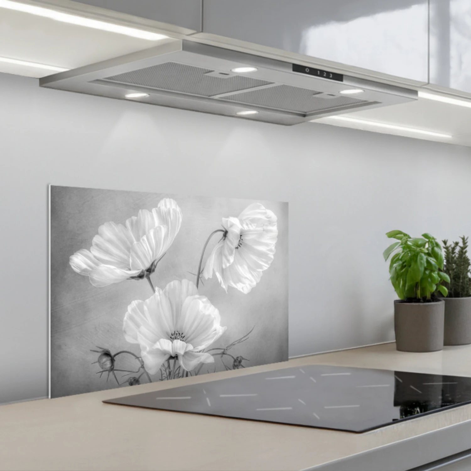 Stilleven - Bloemen - Zwart wit - Klaproos - Botanisch keuken achterwand spatscherm klein -3d_schuin