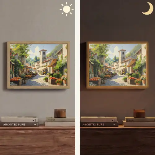 Dorp - Zon - Kraampjes - Huizen Light Box met batterij (Wandlamp) middel -sfeer3