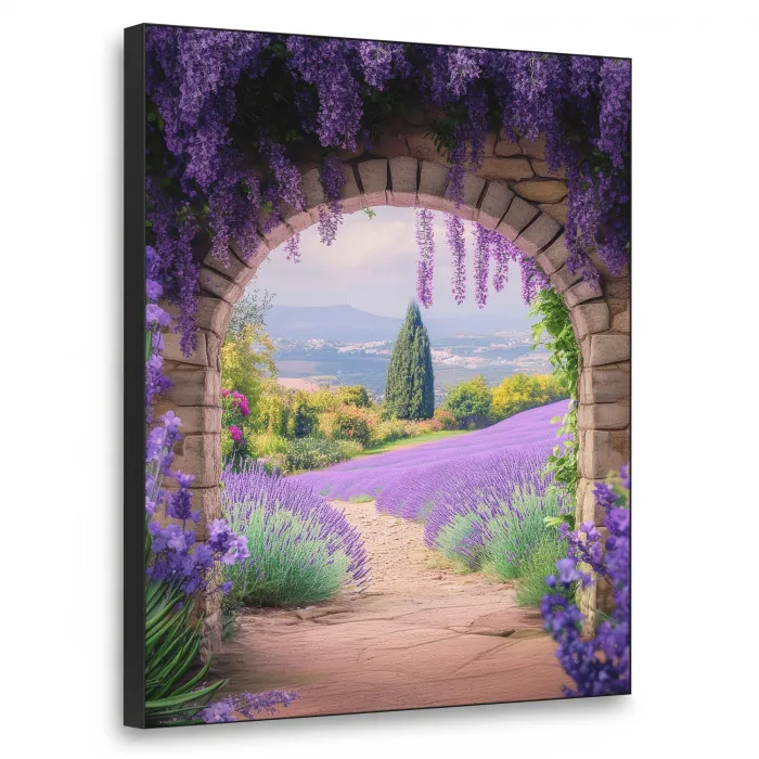 Doorkijk - Lavendel - Bloemen - Paars - Poort Textielframe zwart klein -3d