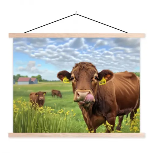 Koe - Weide - Bloemen textielposter latten blank klein -3d