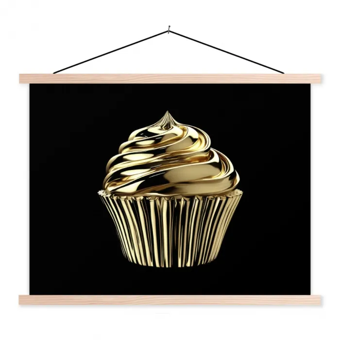 Cupcake - Eten - Goud - Zwart textielposter latten blank klein -3d