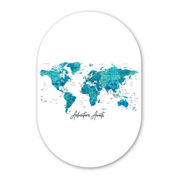 Wereldkaart - Blauw - Kleurrijk Wandcirkel Ovaal Glas middel -3d