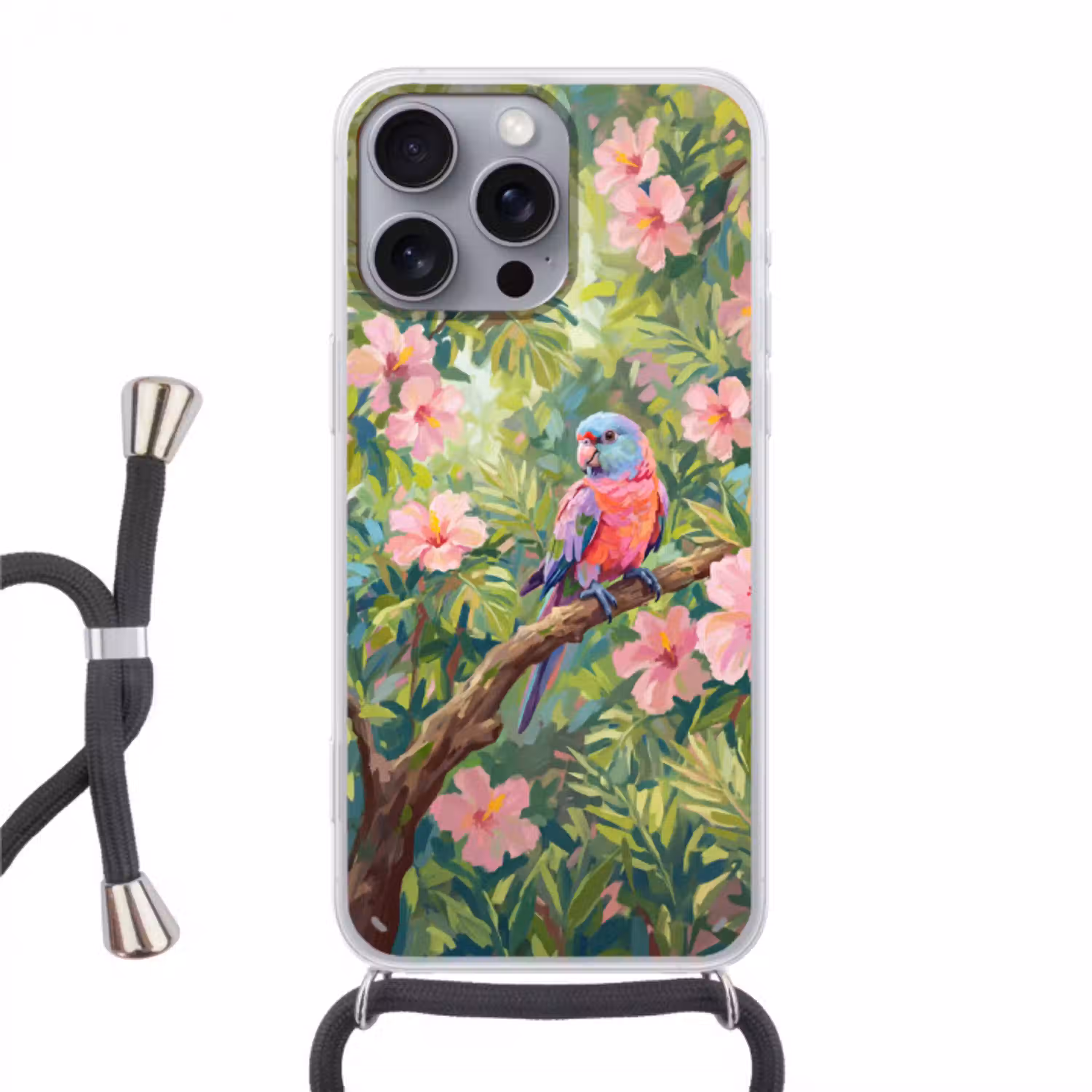 Papagaai - Hibiscusbloemen - Kleurrijk Hoesje iPhone 16 Pro Max met koord klein -3d