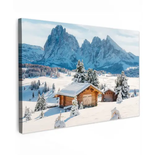 Winter - Huisje - Bergen - Uitzicht - Sneeuw Tuinposter op houten frame 2 cm dik klein -3d