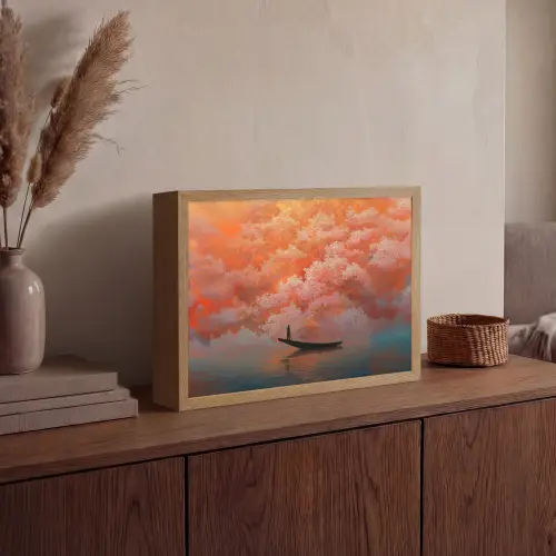 Zee - Boot - Wolken - Oranje Light Box met batterij (Wandlamp) middel -sfeer2