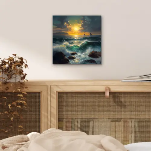 Zee - Zon - Golven - Rotsen aluminium wit klein -sfeer3