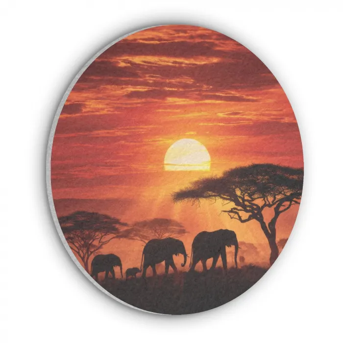 Savanne - Olifanten - Zonsondergang Akoestische PET Vilt - Rond klein -3d