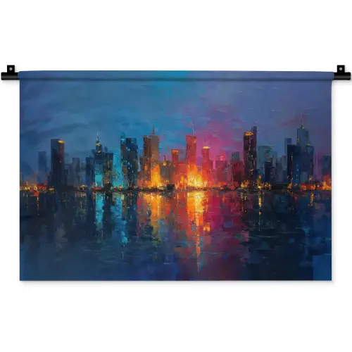 Skyline - Penseelstreken - Donkerblauw - Lichtgevend Wandkleed katoen klein -zz3d