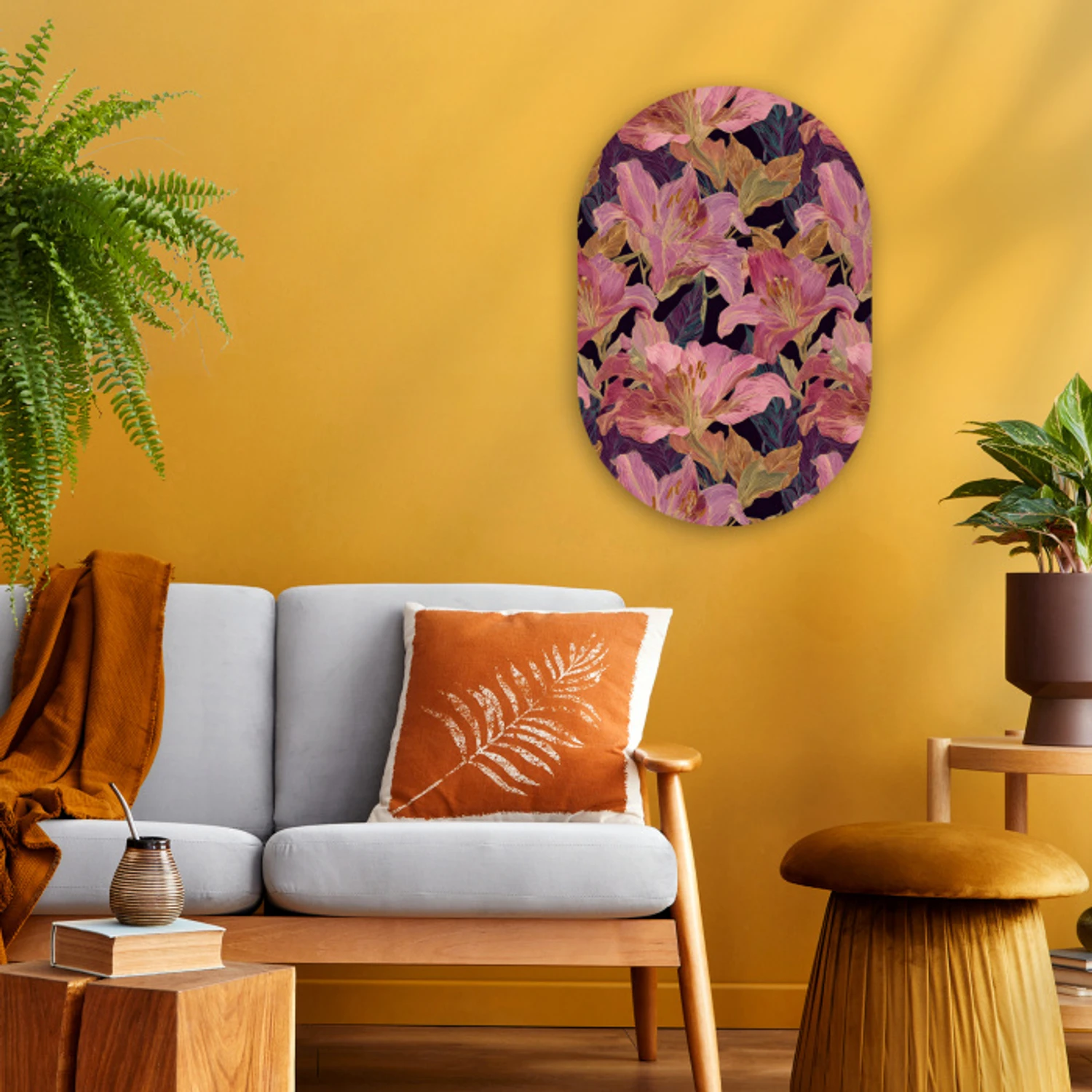 Lelies - Patroon - Roze - Goud Wandcirkel Ovaal Forex klein 630 -sfeer4