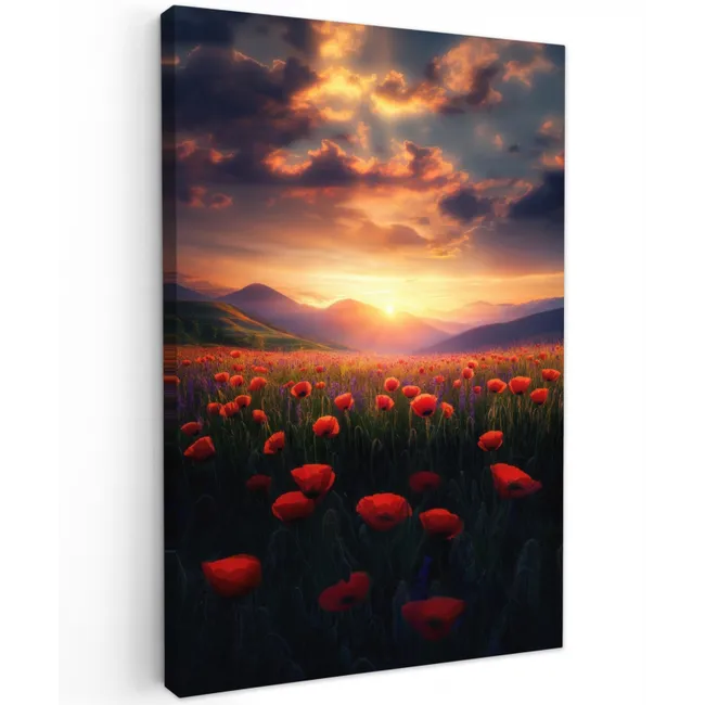 Landschap - Zonsondergang - Bloemenveld Tuinposter op houten frame 2 cm dik klein -3d