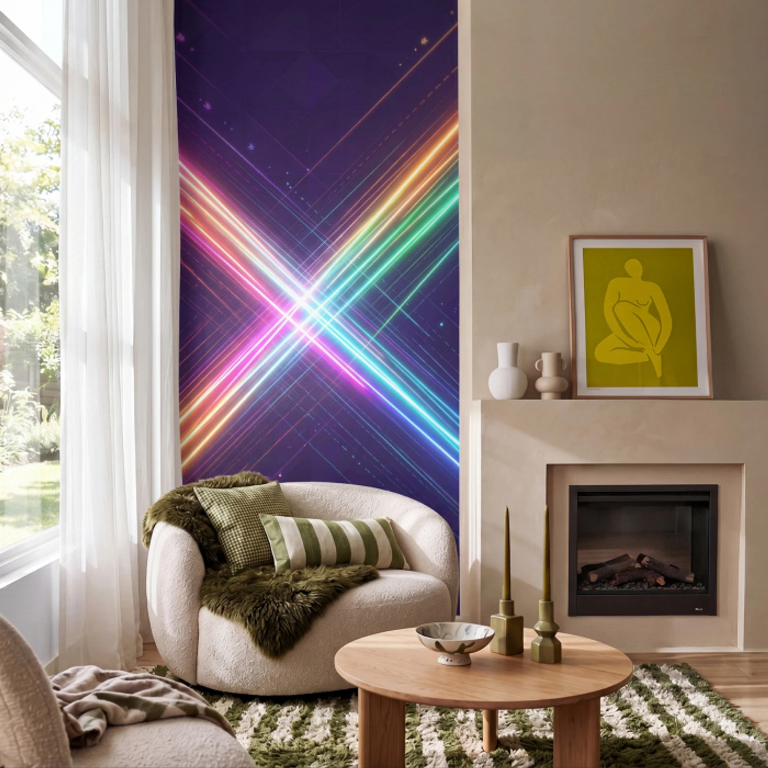 Kruisen - Lasterstralen - Neon Behang Vinyl klein -sfeer2