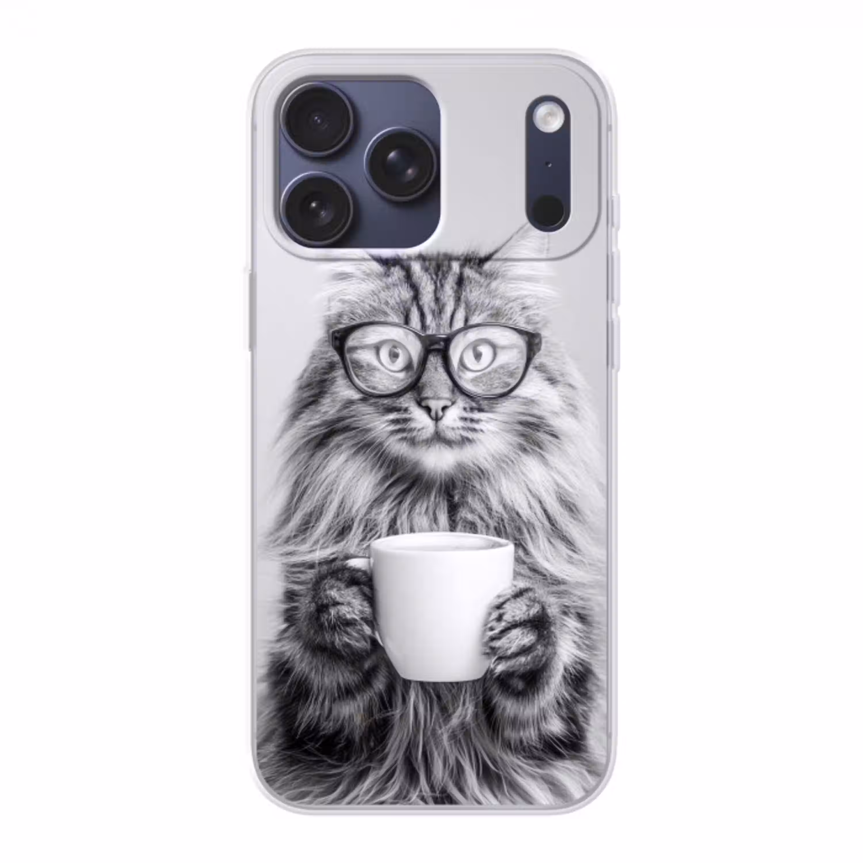 Kat - Bril - Mok - Pluizig Telefoonhoesje iPhone 17 Pro Max klein -3d