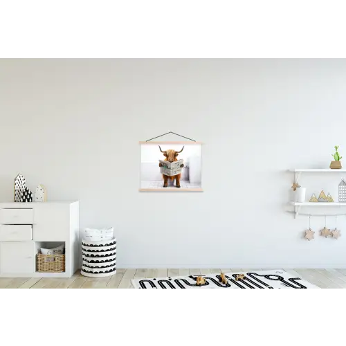 Schotse hooglander - Krant - Toilet - WC - Wit - Koe textielposter latten blank klein -kinderkamer