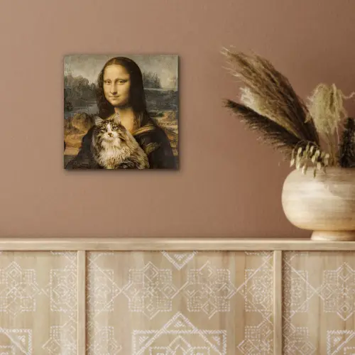 Mona Lisa - Kat - Leonardo da Vinci - Vintage - Kunstwerk - Oude meesters - Schilderij aluminium wit klein -sfeer4