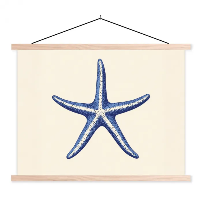Blauwe zeester - Minimalistisch - Beige textielposter latten blank klein -3d