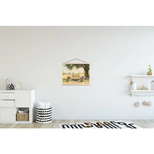 Houten bankje - Bloempotten - Landschap textielposter latten blank klein -kinderkamer