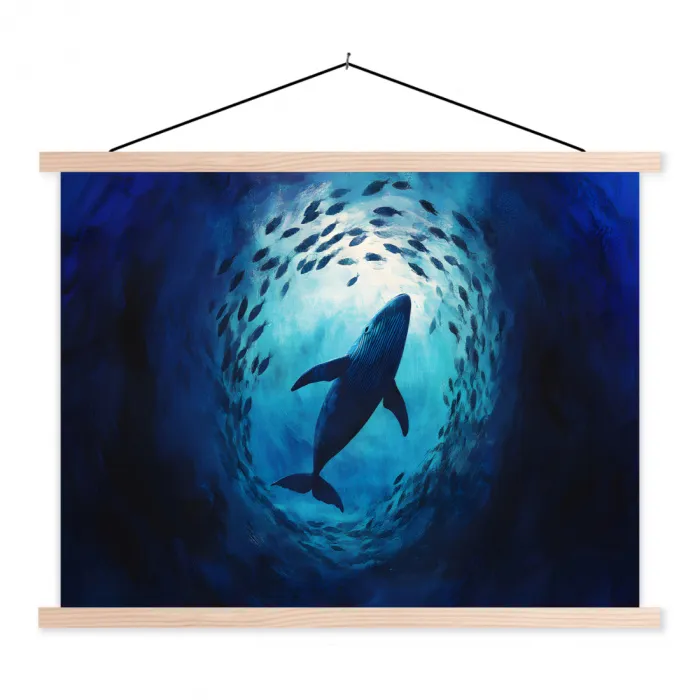 Walvis - Vissen - Donkerblauw textielposter latten blank klein -3d