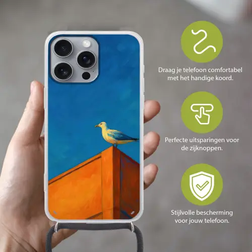 Meeuw - Gebouw - Lucht - Geschilderd Hoesje iPhone 16 Pro Max met koord klein -sfeer2_NL