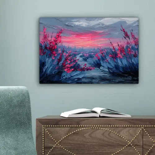 Schilderij - Zonsondergang - Bloemen - Rivier canvas 2cm klein -sfeer4