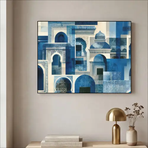 Abstract - Islamitisch - Blauw - Wit Textielframe zwart klein -sfeer2