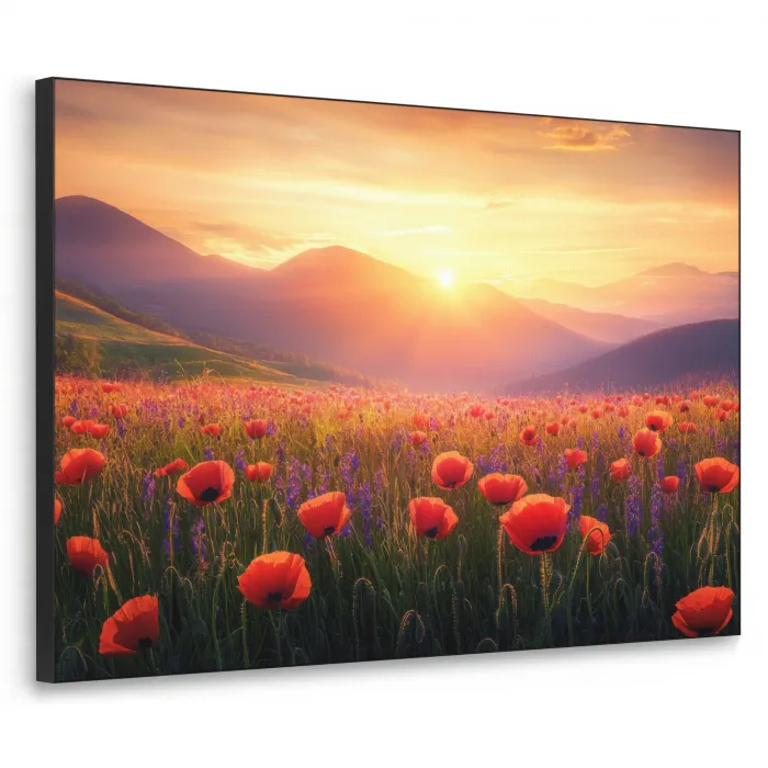 Landschap - Zonsondergang - Bloemenveld Textielframe zwart klein -3d