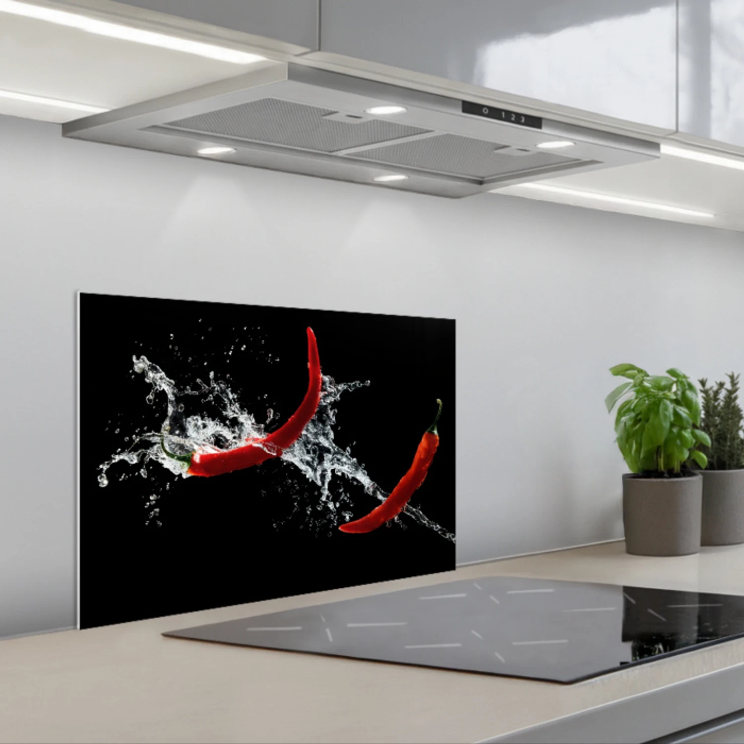Chilipeper - Stilleven - Water - Zwart - Rood keuken achterwand spatscherm klein -3d_schuin