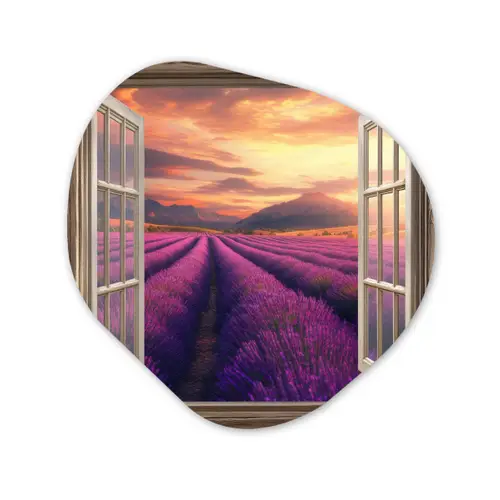Doorkijk - Lavendel - Landschap - Bloemen - Paars Wandcirkel Organisch Plexiglas middel -3d