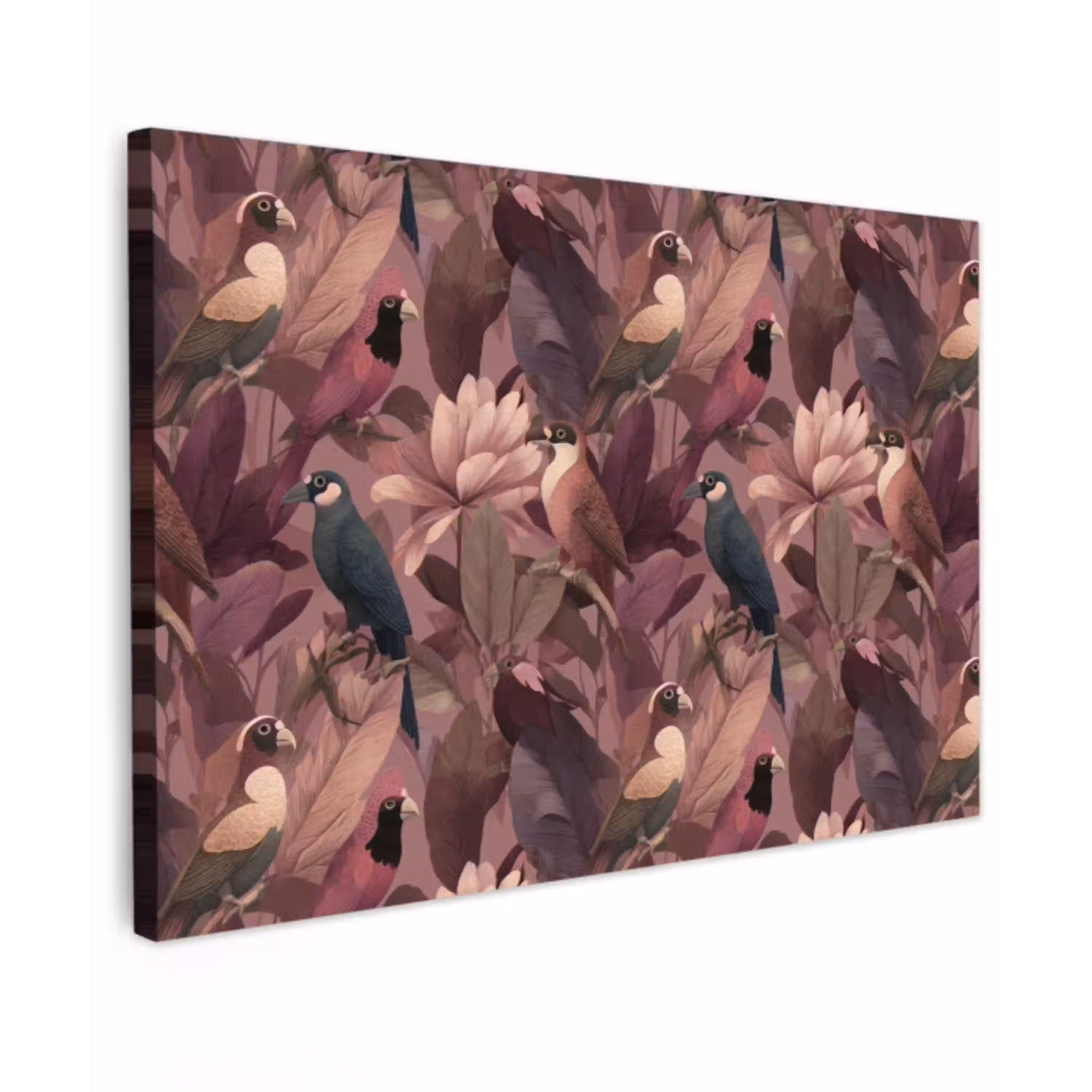 Vogels - Bladeren - Roze Tuinposter op houten frame 2 cm dik klein 845 -3d