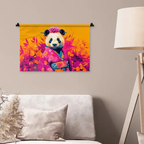 Kimono - Roze - Panda - Bloemenkroon Wandkleed katoen klein -sfeer4