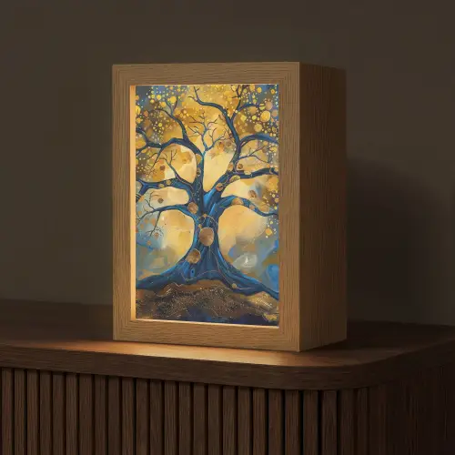 Boom - Levensboom - Blauw - Goud Light Box met kabel (Tafellamp) klein -z3d_website