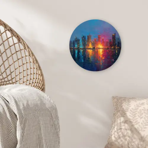 Skyline - Penseelstreken - Donkerblauw - Lichtgevend Wandcirkel kunststof plaat 5mm dik klein -sfeer5