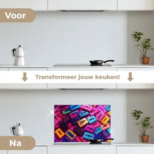 Cassetteband - Kleurrijk - Energiek keuken achterwand spatscherm klein -voor_na_NL