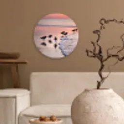 Meeuwen - Strand - Zee - Roze Wandcirkel kunststof plaat 5mm dik klein -sfeer1