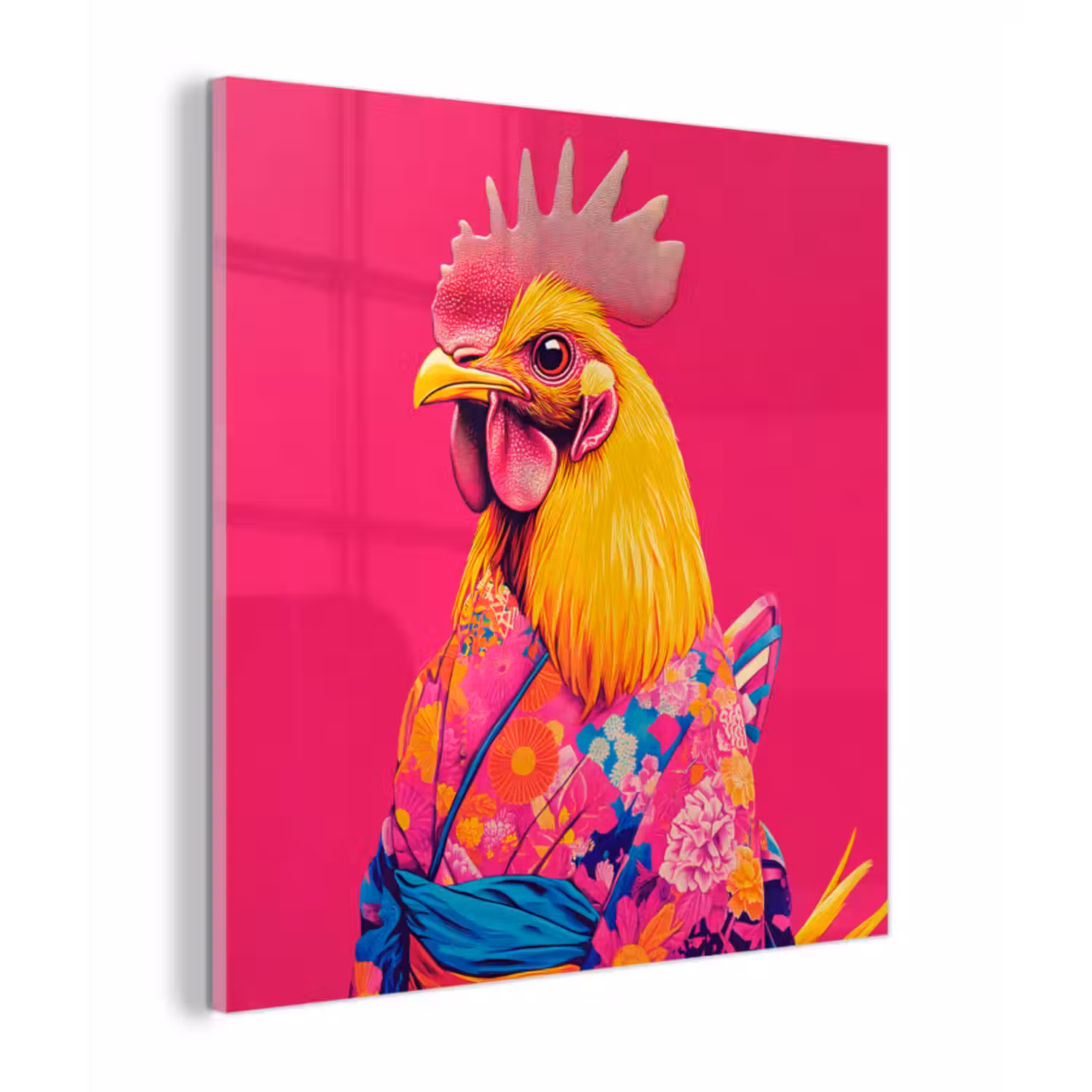 Glas schilderij - Haan - Kleurrijk - Kimono - Roze