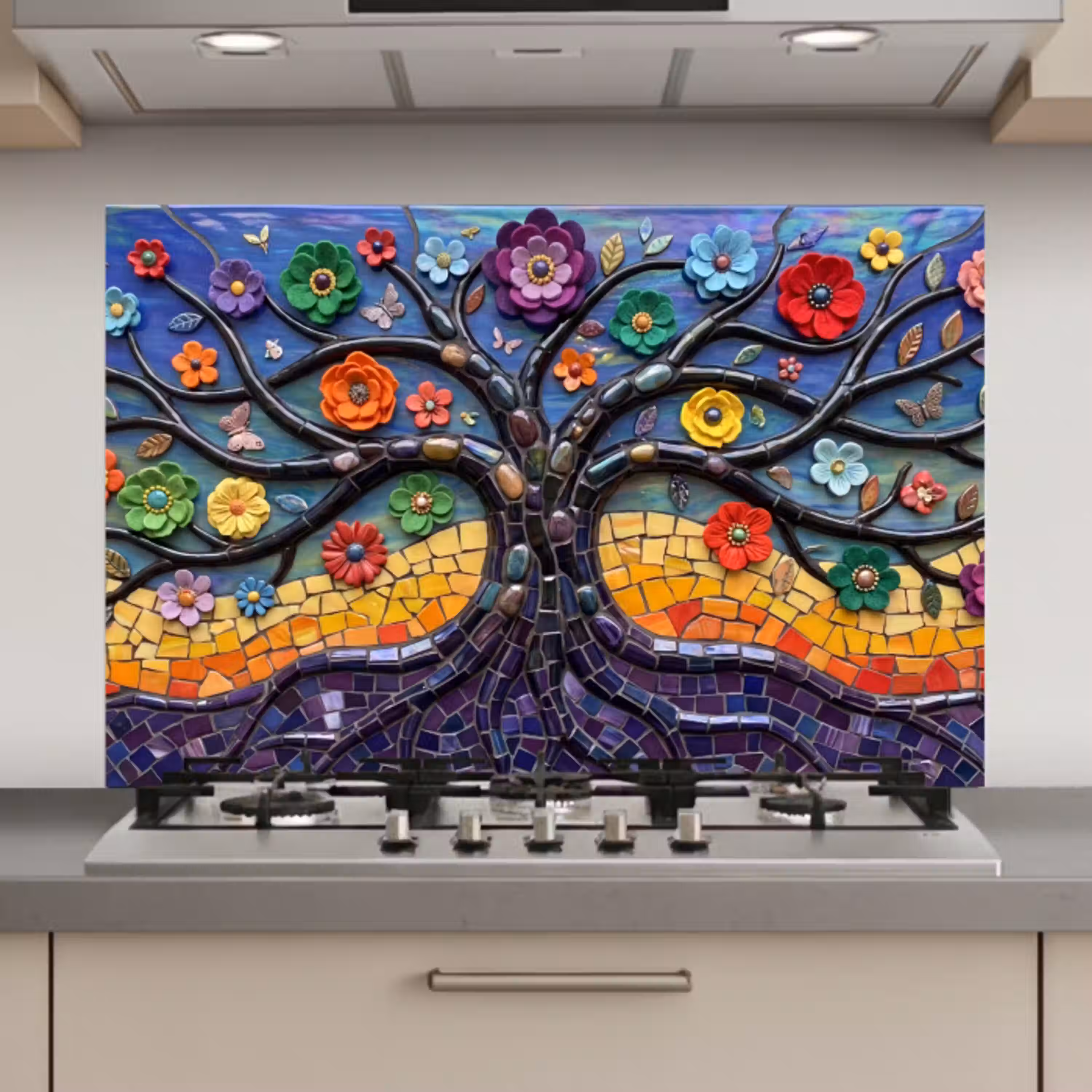 Levensboom - Mozaïek - Bloemen - Kleurrijk - Vrolijk keuken achterwand spatscherm klein -3d_website