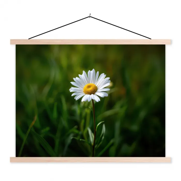 Wit - Madeliefje - Bloem - Gras textielposter latten blank klein -3d
