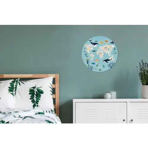 Wereldkaart - Zeeleven - Blauw Wandcirkel aluminium klein -slaapkamer