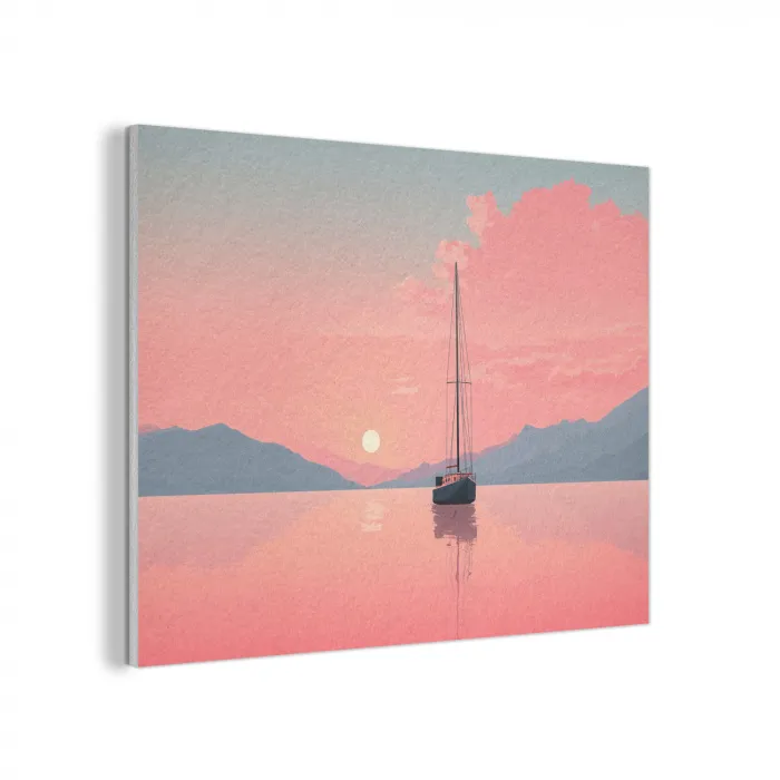 Zeilboot - Roze zee - Zonsondergang - Bergen PET vilt klein -3d