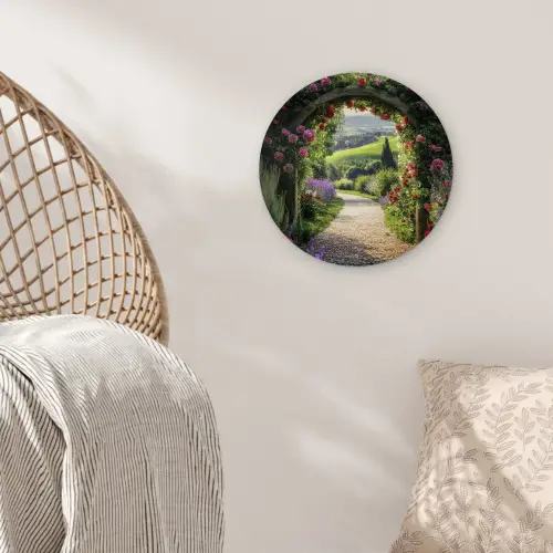 Doorkijk - Tuinboog - Bloemen - Natuur - Pad Wandcirkel kunststof plaat 5mm dik klein -sfeer5