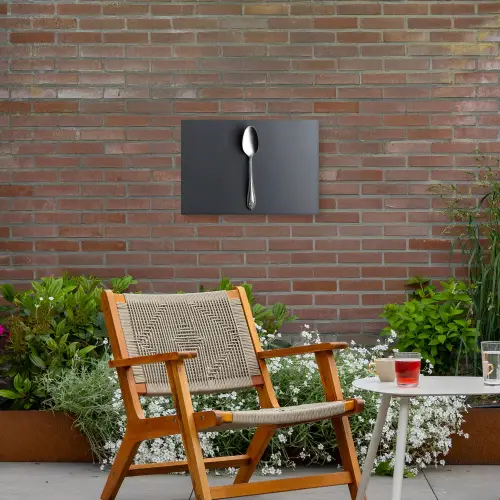 Zilver - Metaal - Lepel Tuinposter op houten frame 2 cm dik klein -sfeer3